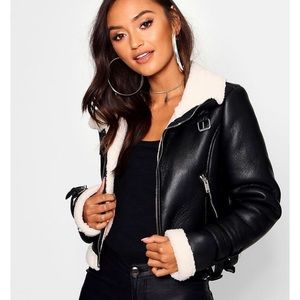 Boohoo Cropped borg trimmed leather jacket